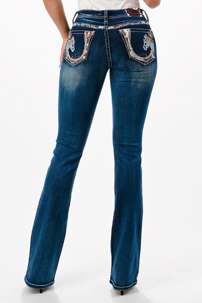 Grace in LA Dark Wash Horse Head and Horseshoe Pocket Women's Jeans EB61561
