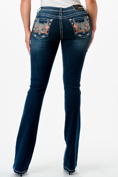 Grace in LA Dark Wash Leopard Steer Scene Pocket 32 inch Inseam Bootcut Women's Jeans EBS662-32