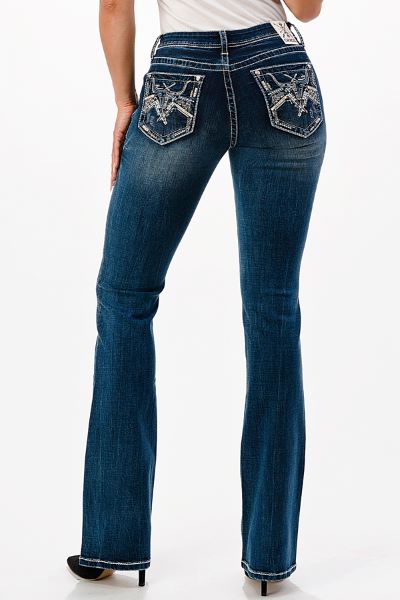 Grace in LA Dark Wash Steer Head Diamond Print Pocket Women's Jeans EB51733