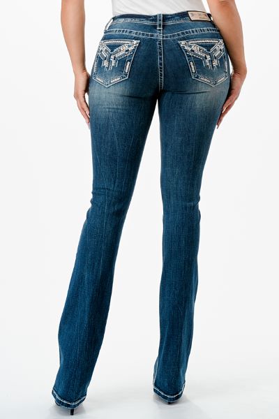 Grace in LA Dark Wash Women's Bootcut 32 inch Inseam Decorative Y with Topstich Pocket Jeans EBS655-32