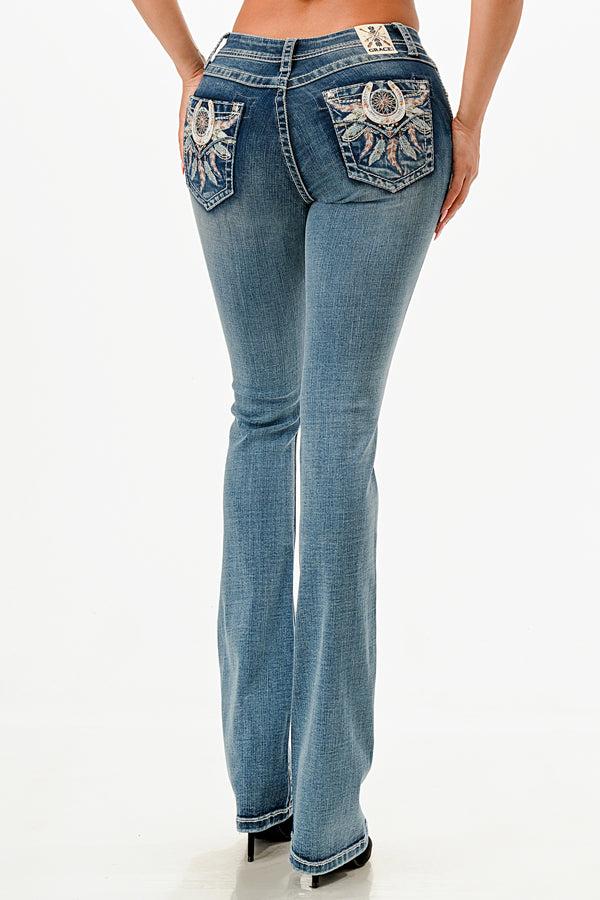Grace In LA Easy Fit Mid Rise Boot Cut Women's Jeans With Dreamcatcher Embroidery (30 Inch Inseam) EB81753-30
