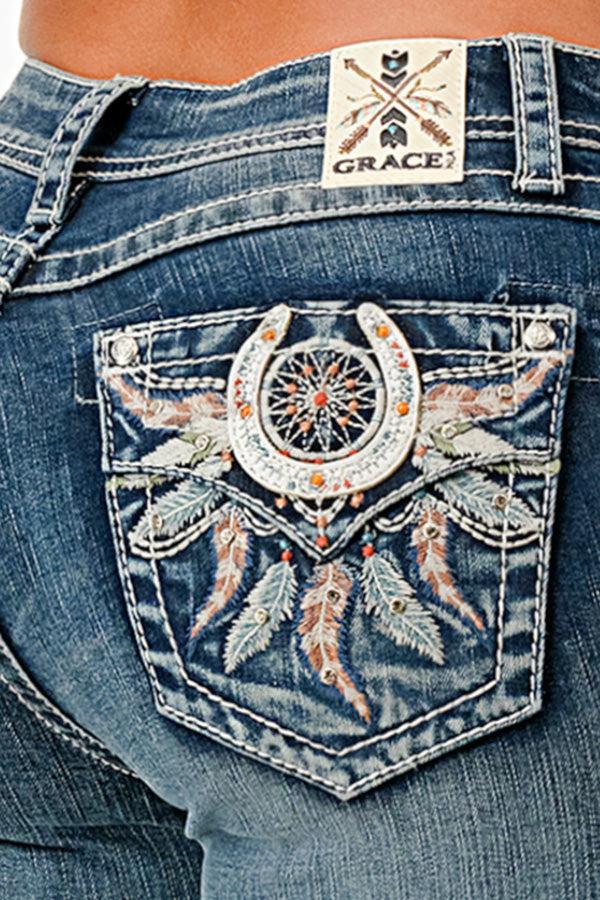 Grace In LA Easy Fit Mid Rise Boot Cut Women's Jeans With Dreamcatcher Embroidery (30 Inch Inseam) EB81753-30