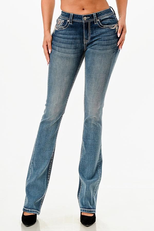 Grace In LA Easy Fit Mid Rise Boot Cut Women's Jeans With Dreamcatcher Embroidery (30 Inch Inseam) EB81753-30