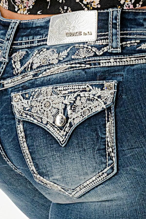 Grace in LA Easy Fit Mid Rise Bootcut 32 inch inseam Women's Jeans with Embroidered Pocket Flaps EB-61987