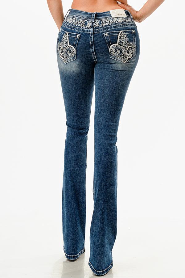 Grace in LA Easy Fit Mid Rise Bootcut Women's Jeans with Fleur De Lis Pocket Design EB61941-30