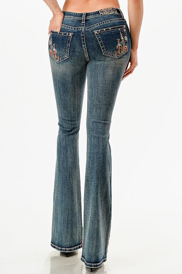 Grace in LA Easy Fit Mid Rise Flare Women's Jeans with Cactus/Mushroom Embroidery Pocket EL61951