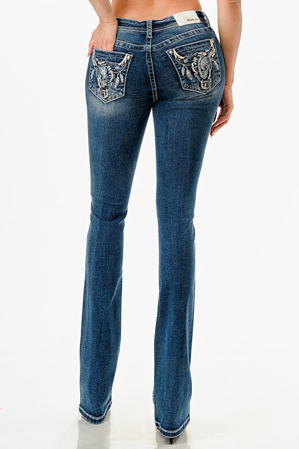 Grace In LA Easy Fit Mid Rise Women's Bootcut Jeans With Steer Head On The Pocket EB51956-32
