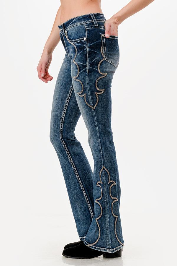 Grace in LA Easy Fit Mid Rise Women's Flare Leg Jeans with Embroidered Hip to Hem Stich Design EL-81802