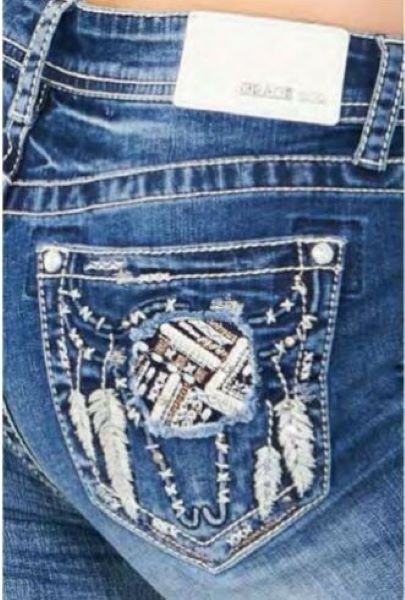 Grace in LA EasyFit Womens Denim Jeans featuring Steer Head and Feathers EB5541