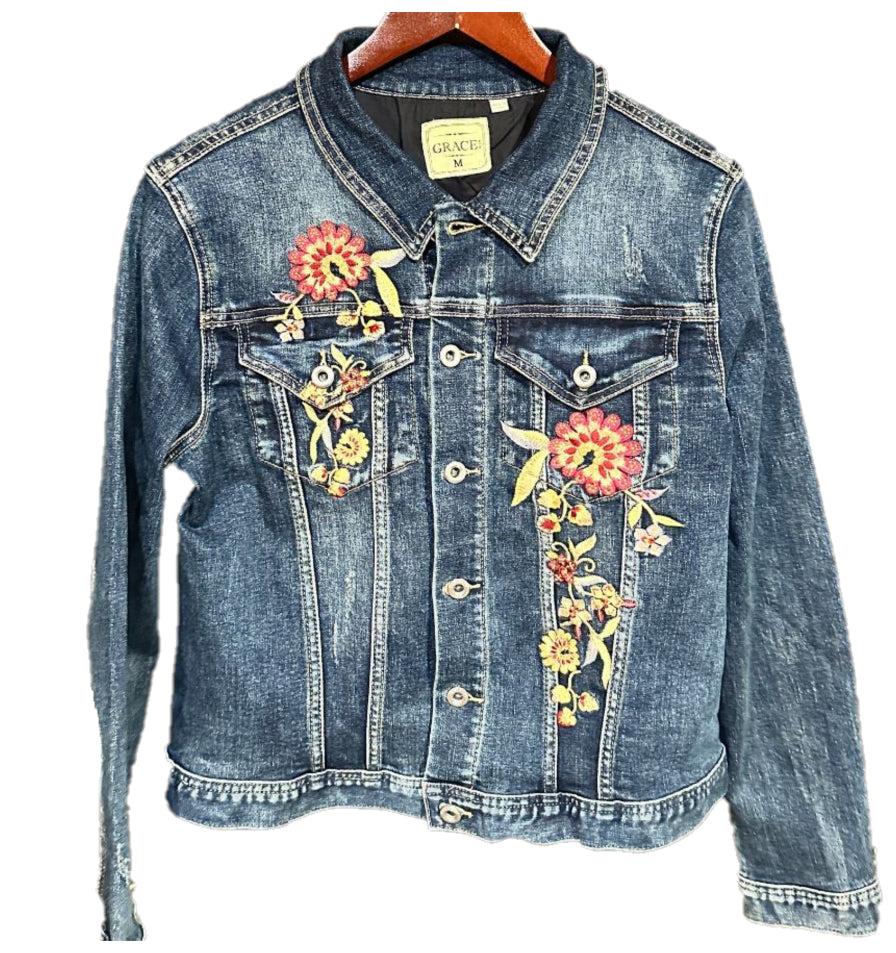 Grace in LA Floral Embroidered Women's Stretch Denim Jacket TE-51933