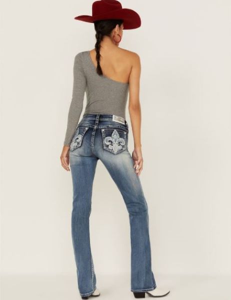 Grace In LA Light Wash Fleur De Lis Mid Rise Bootcut Jeans EB5550