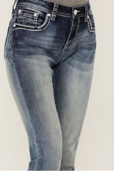 Grace In LA Light Wash Fleur De Lis Mid Rise Bootcut Jeans EB5550