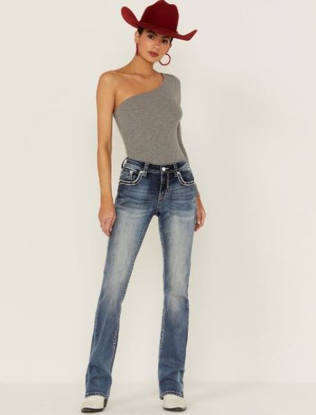 Grace In LA Light Wash Fleur De Lis Mid Rise Bootcut Jeans EB5550