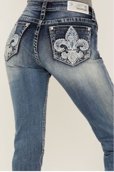 Grace in LA Light Wash Fleur De Lis Mid Rise Bootcut Jeans EB5550