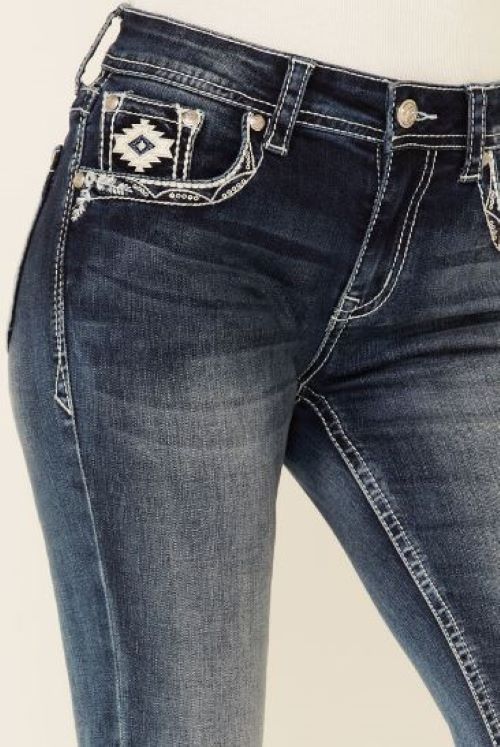 Grace In LA Medium Blue Wash Easyfit Bootcut Aztec Floral Womens Jeans EB5439