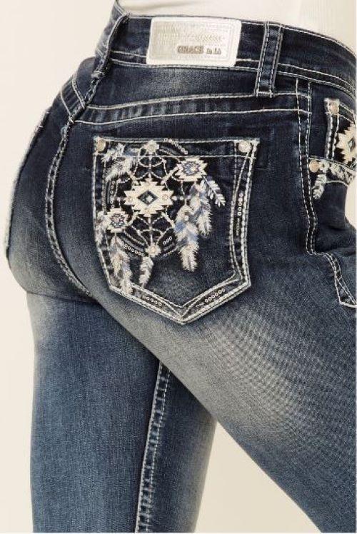 Grace In LA Medium Blue Wash Easyfit Bootcut Aztec Floral Womens Jeans EB5439
