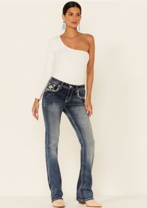 Grace in LA Medium Blue Wash Easyfit Bootcut Aztec Floral Womens Jeans EB5439