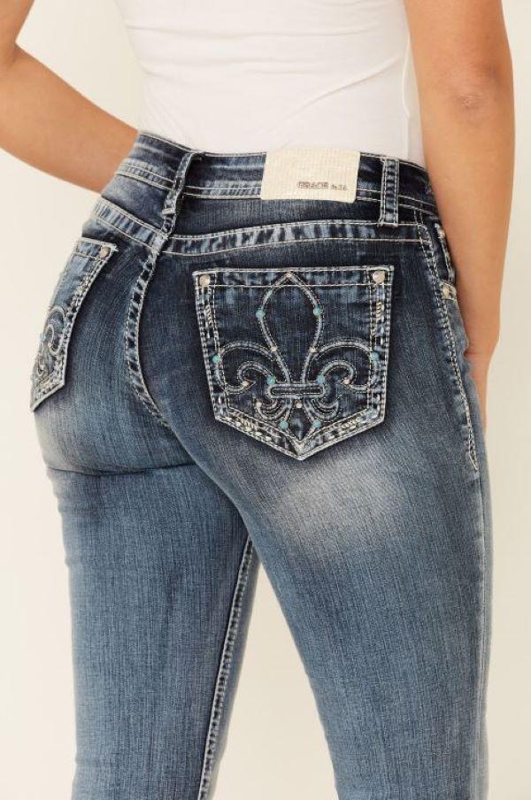 Grace in LA Medium Blue Wash Fleur De Lis Womens Bootcut Jeans EB5426