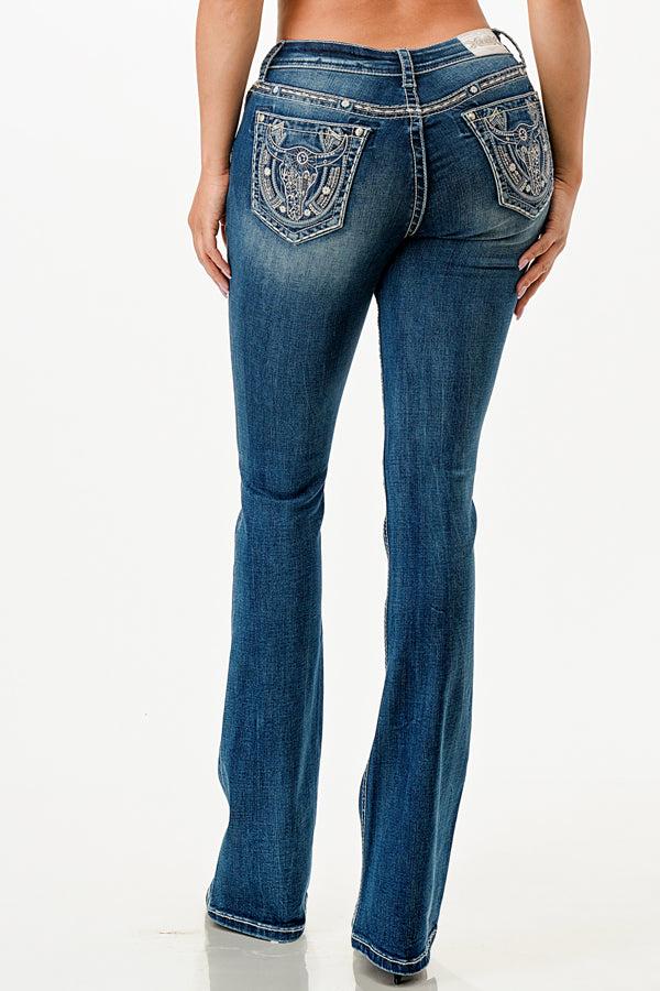 Grace in LA Medium Wash 32 inch inseam Bootcut Women's Jeans with Steer Head and Horseshoe Pocket EB81698-32