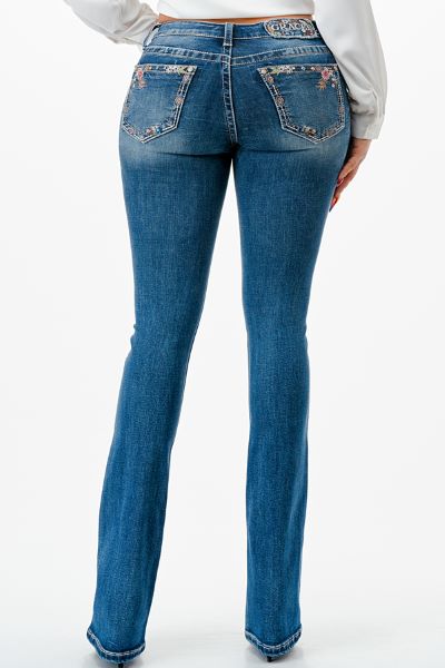 Grace in LA Medium Wash 32 inch inseam Women's Floral Embroidery Pocket Jeans EB61823-32
