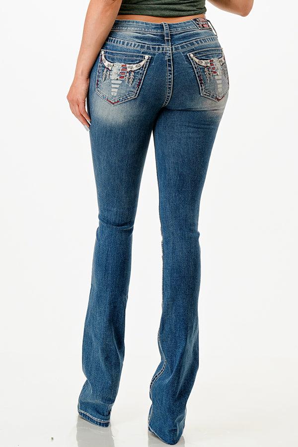 Grace in LA Medium Wash 34 inch Inseam Women's Steerhead Pocket Jeans EBS651