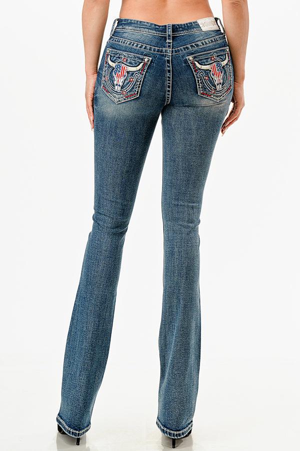 Grace In LA Medium Wash American Steer Head Embellished Bootcut Women's Jeans (34 Inch Inseam) EB81738