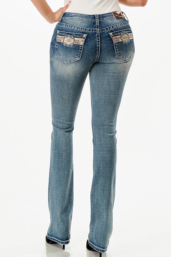 Grace in LA Medium Wash Buckle Look Pocket 33 inch inseam Bootcut Women's Jeans EB61833