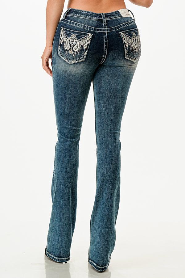 Grace in LA Medium Wash Easy Fit Bootcut 30 inch inseam Women's Jeans with Paisley/Leather design Pocket EB51873-32