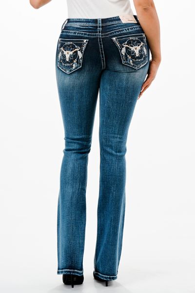 Grace in LA Medium Wash Easy Fit Bootcut Dreamcatcher with Steerhead Pocket Women's Jeans EB51811-32