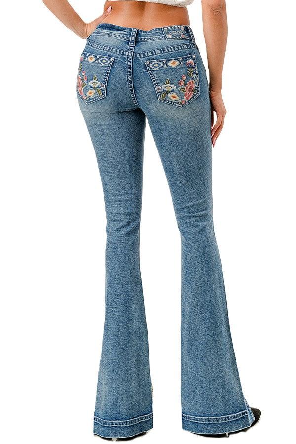 Grace in LA Medium Wash Easy Fit Mid Rise Women's Flare Jeans with Aztec and Flower Embroidery on the Pockets ELS848