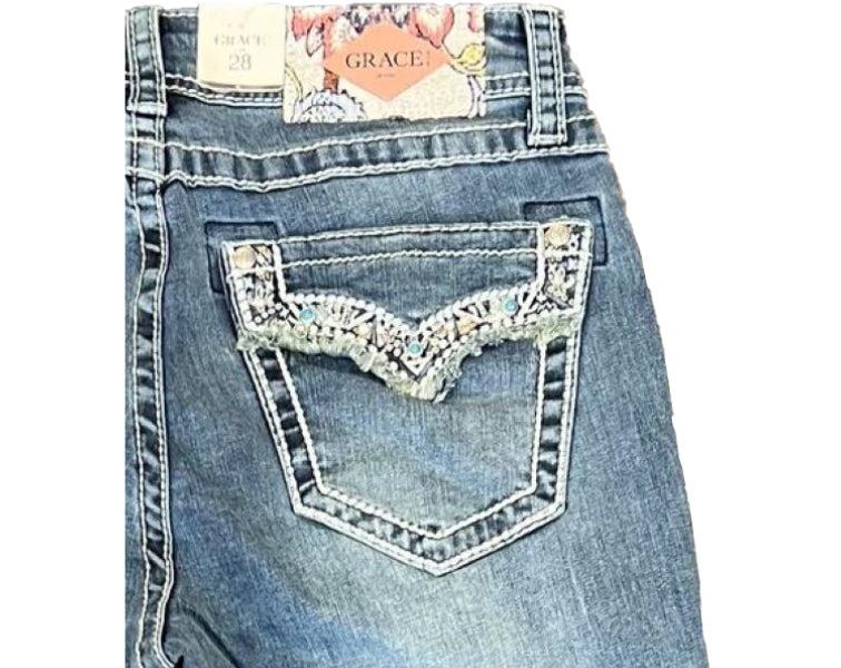 Grace in LA Medium Wash Easyfit Bootcut Womens Jeans with Whimsical Faux Flap EB5491