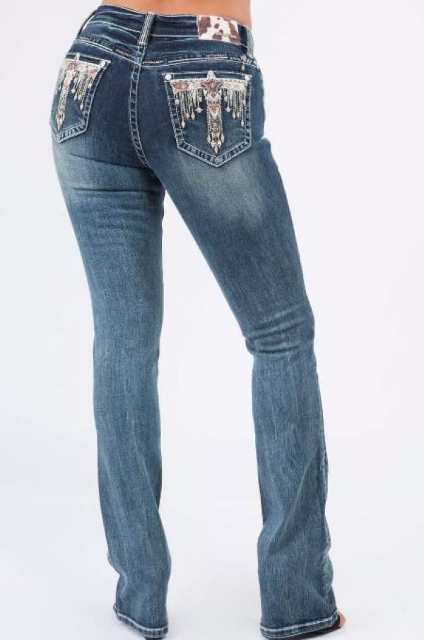 Grace in LA Medium Wash Easyfit Tribal Eagle Pocket Womens Jeans EB61476