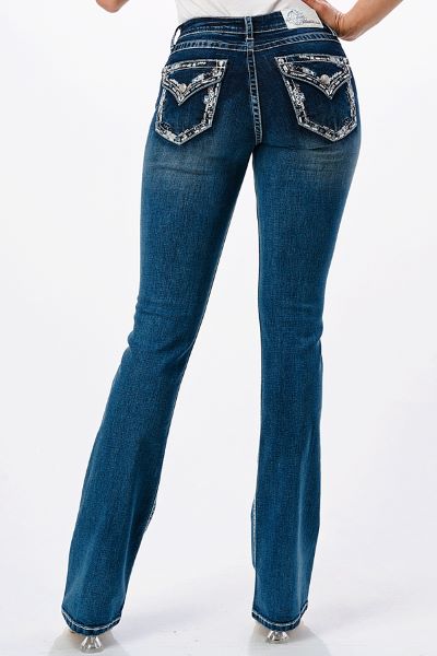 Grace in LA Medium Wash Embroidered Border Flap Pocket Mid-Rise Slim Stretch Bootcut Jeans EB51727