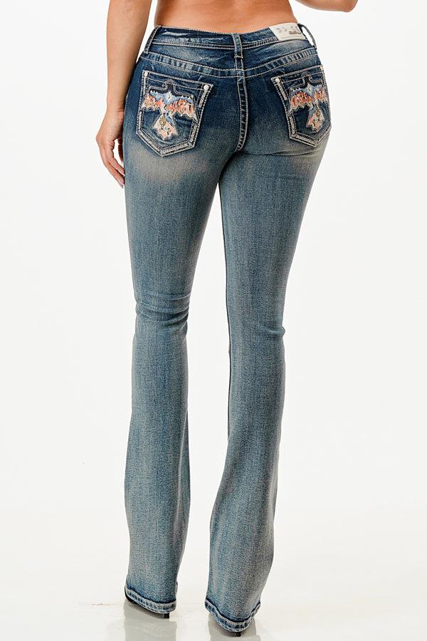 Grace in LA Medium Wash Firebird Pockets Easy Fit 34 inch inseam Women's Bootcut Jeans EB-S726