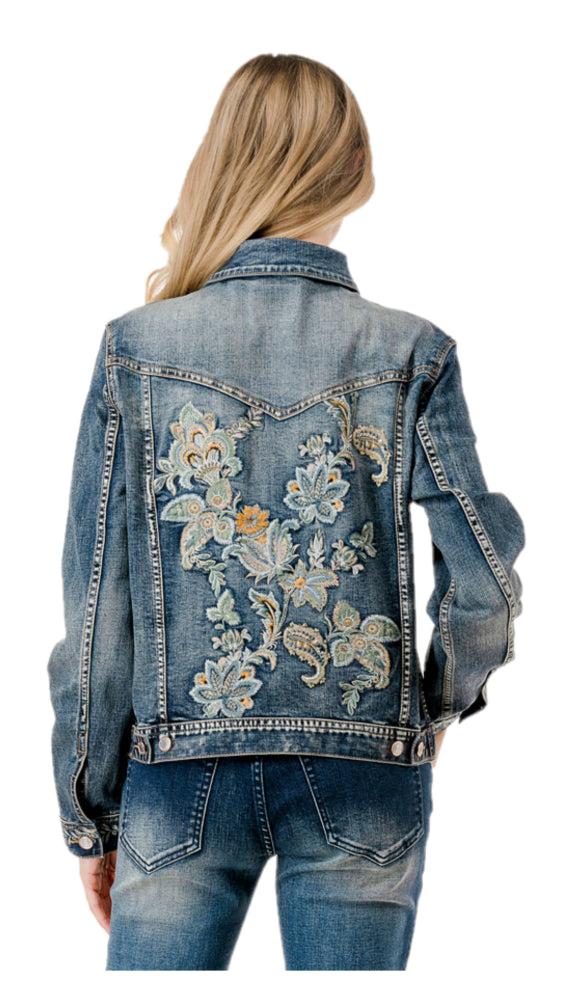 Grace in LA Medium Wash Floral Embroidered Women's Jean Jacket TE-81712
