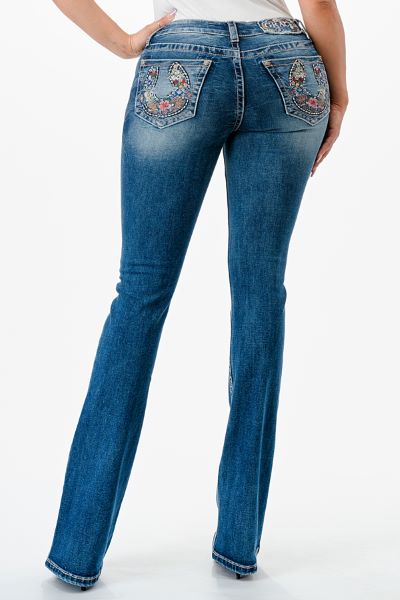 Grace in LA Medium Wash Floral Horseshoe Pocket 32 inch Inseam Women's Bootcut Mid-Rise Jeans EB61789-32
