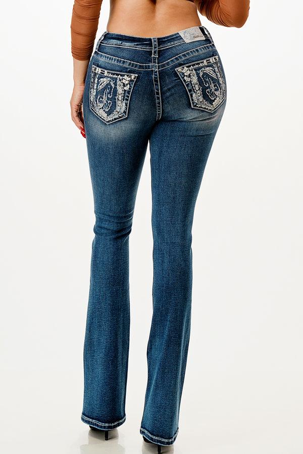 Grace in LA Medium Wash Horse Embroidery 34 inch Inseam Women's Bootcut Jeans EB-61781