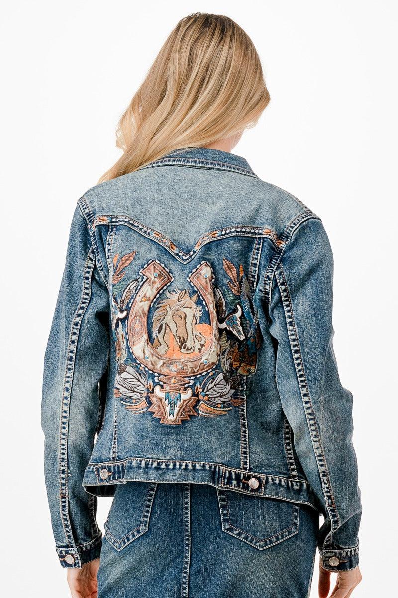 Grace in LA Medium Wash Horseshoe Embroidered Collared Women's Denim Jacket TE-61873