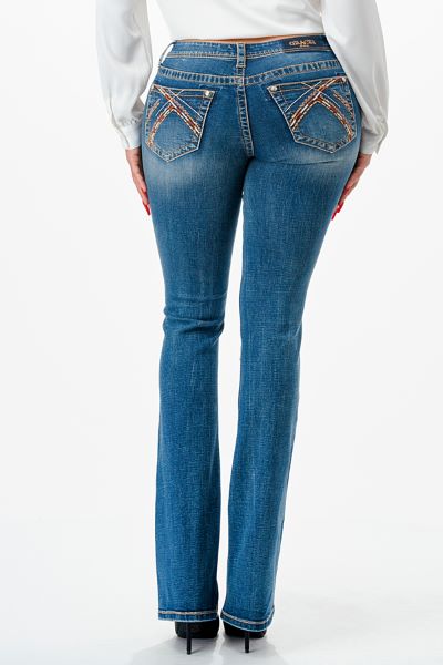 Grace in LA Medium Wash Mustard/Brown Stitch Pocket 32 inch Inseam Bootcut Women's Jeans EB51846