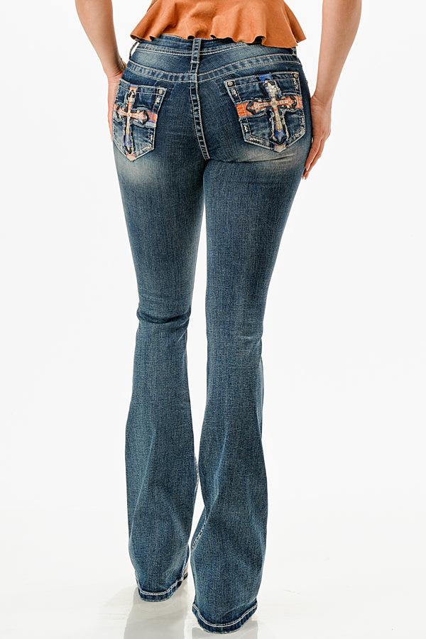 Grace in LA Mid Wash Easy Fit Women's Jeans with Plaid Cross on the Pocket ELS770