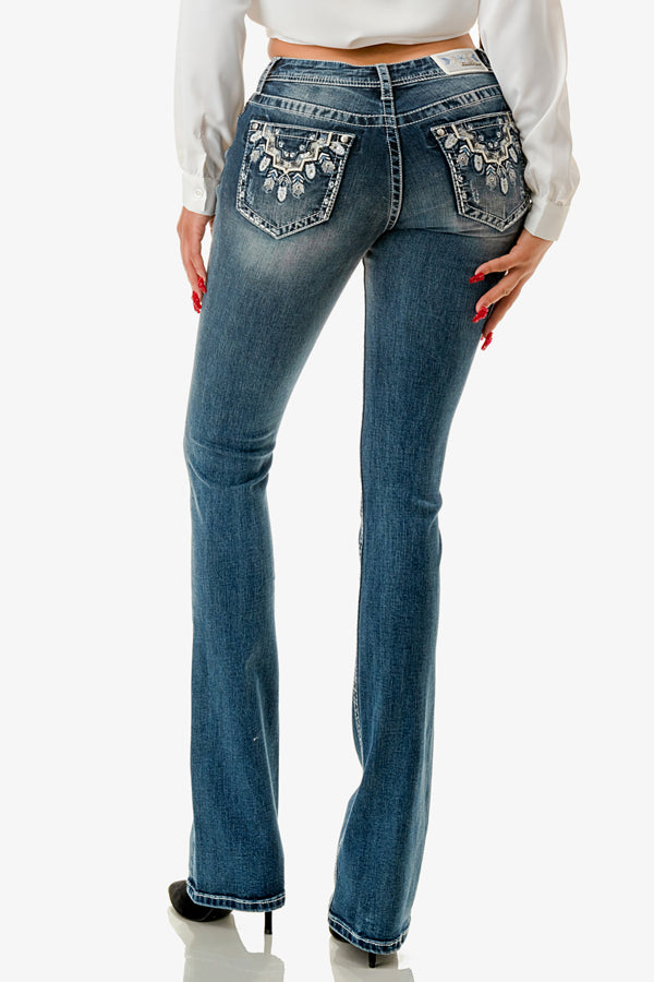 Grace in LA Midwash Easy Fit Bootcut 32 inch Inseam Women's Jeans with Aztec/Feather Pockets EB51867-32