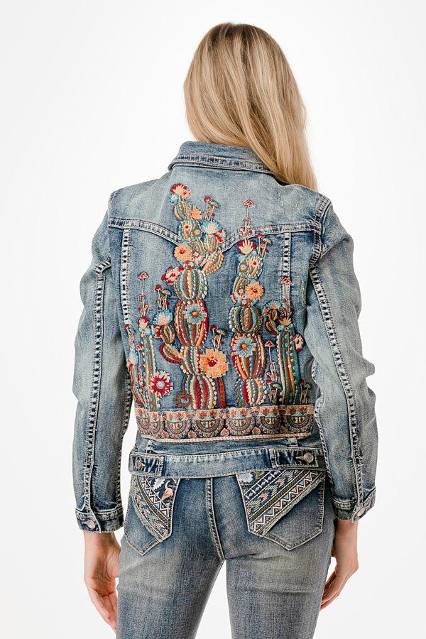 Grace in LA Mushroom and Cactus Embroidery Pocket Button Front Jean Jacket TE61880