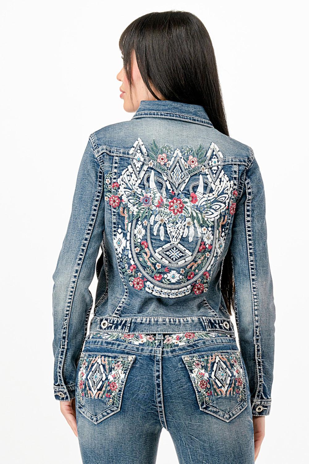 Grace in LA Spring Flowers Embroidered Women's Denim Jacket TE61945