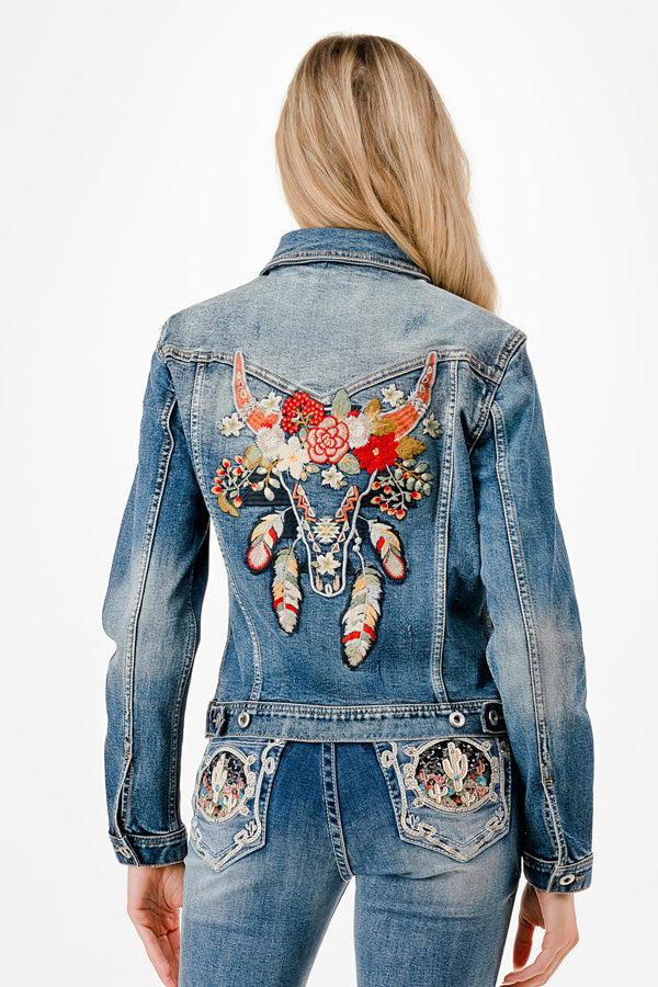 Grace in LA Steerhead and Floral back Women's Denim Jacket TE51965