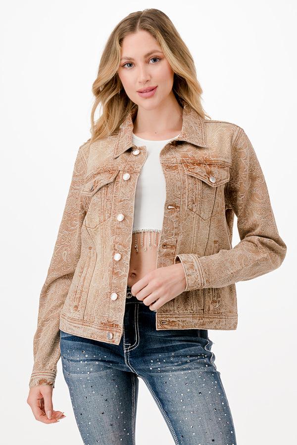 Grace in LA Tan Paisley Collared Denim Jacket TE-S720