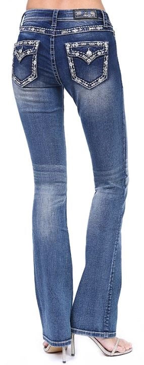 Grace in LA Women's Border Embroidered Flap Pocket Junior Bootcut Jeans EB81361