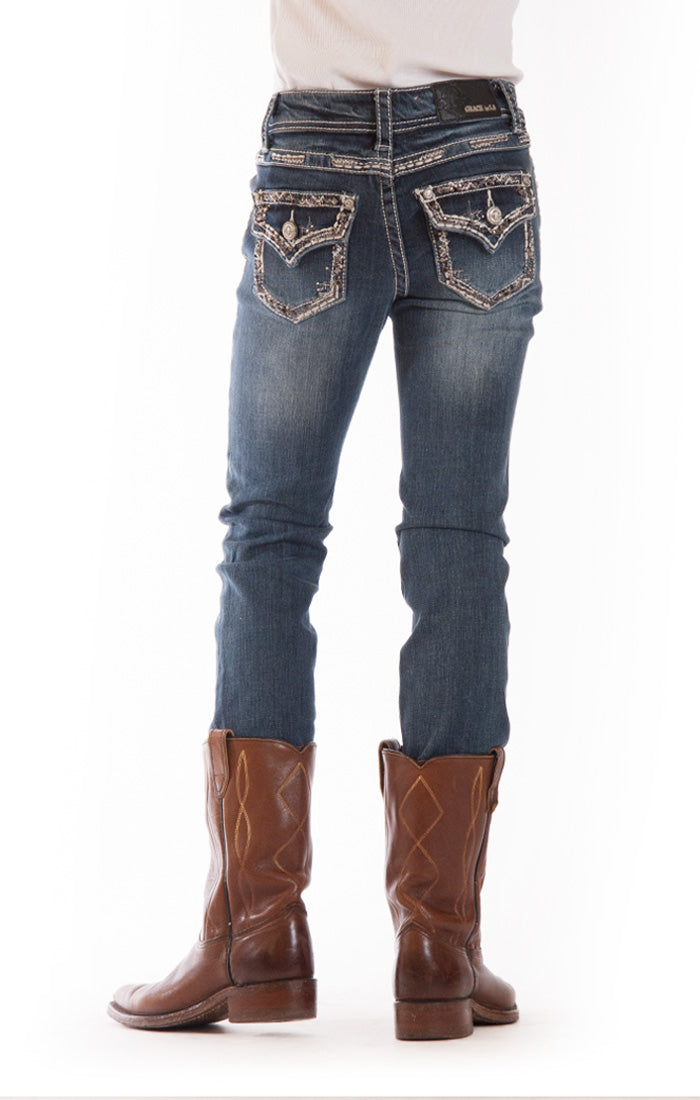 GT-6796 Denim Silver Tone Flap Pocket Grace IN LA Girls Jeans