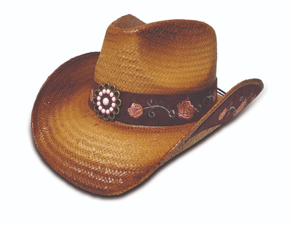Hat Vision Brown Western Hat with Pink Floral Trim R73