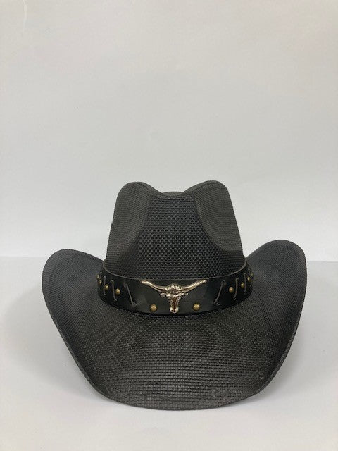 Hatra by Hat Vision Black Hat with Longhorn on Hatband and Detachable Strap R45X