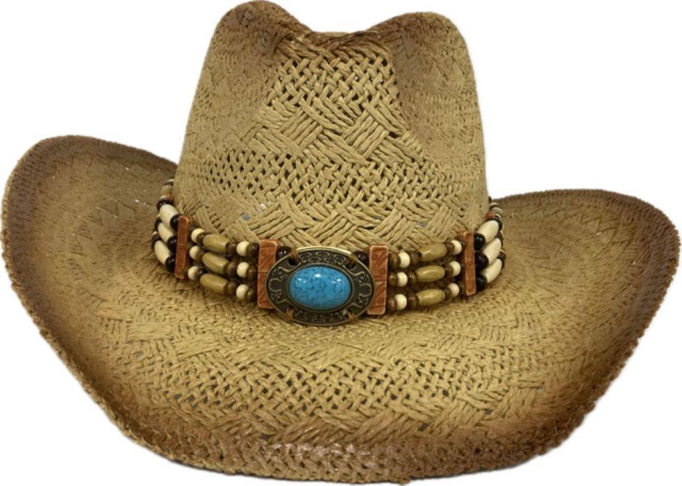 Hatra Straw Hat with Beaded Tied Hatband R32